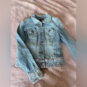 INC international Denim Jean Jacket, size M. Stitches hem and design.